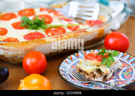 moussaka with minced meat on a plate, close view Stock Photo