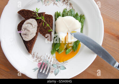 broken poached eggs on the green beans Stock Photo