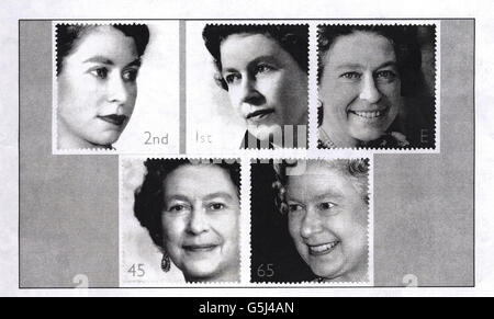 Royal Mail image showing five faces of Britain's Queen Elizabeth II which were unveiled for Royal Mail's Golden Jubilee stamps. The postage stamps, to be issued on Accession Day February 6, feature black and white photographs of the Queen. * in each of the five decades of her 50-year reign. Stock Photo
