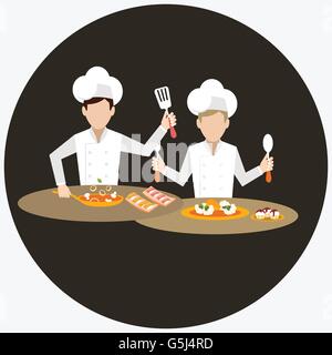 two chef working together prepare for the dish food in restaurant table Stock Vector