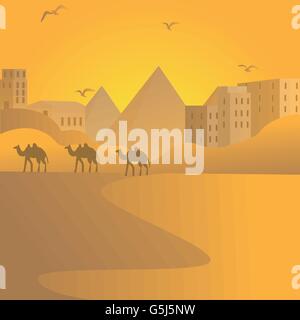 camel caravan travel in desert with pyramids of Egypt at background Arab building Stock Vector