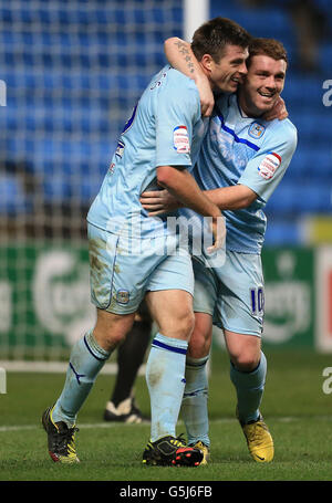 Soccer - FA Cup - First Round - Coventry City v Arlesey Town - Ricoh Arena. Coventry City's Steve Jennings celebrates his goal with John Fleck (right) during the FA Cup First Round match at the Ricoh Arena, Coventry. Stock Photo