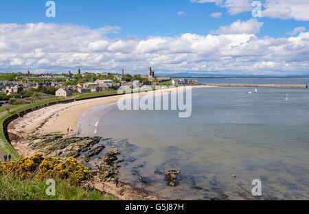 High view down to East Sands beach and town on North Sea coast from Fife Coastal Path in summer. St Andrews Fife Scotland UK Britain Stock Photo