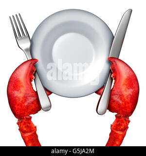 Lobster dinner concept as the red claws of the fresh ocean crustacean holding a fork and knife and blank dish as a gourmet serving symbol isolated on white with 3D illustration elements. Stock Photo