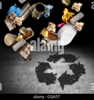 Recycle and recycling concept as a symbol of throwing garbage and reusable waste management as old paper glass metal and plastic household products casting a shadow of the icon and symbol of reusing for environmental conservation in a 3D illustration styl Stock Photo