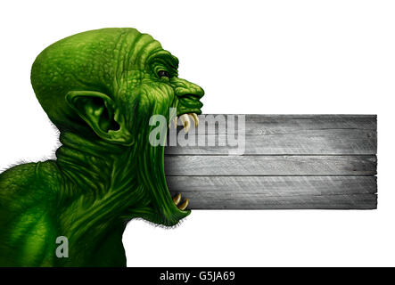 Zombie head blank sign and monster face side view as a demon or mutant beast biting into a wood signage as a creepy halloween or angry scary demonic symbol with wrinkled skin isolated on white in a realistic 3D illustration style. Stock Photo