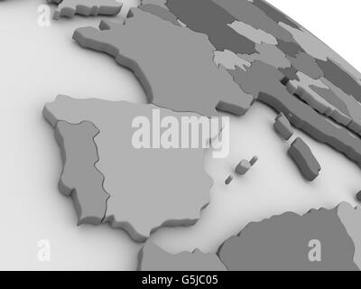 Map of Spain and Portugal on grey model of Earth. 3D illustration Stock Photo