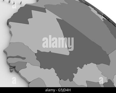 Map of Mali and Senegal on grey model of Earth. 3D illustration Stock Photo