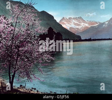 Schloß Chillon mit Dent du Midi, Schweiz 1930er Jahre. Chillon castle with Dent du Midi, Switzerland 1930s Stock Photo