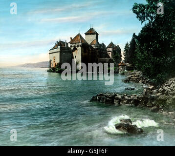 Schloß Chillon, eine Burg aus dem 13. Jahrhundert, Schweiz 1930s. Chillon castle, a building from the 13th century, Switzerland 1930s. Stock Photo