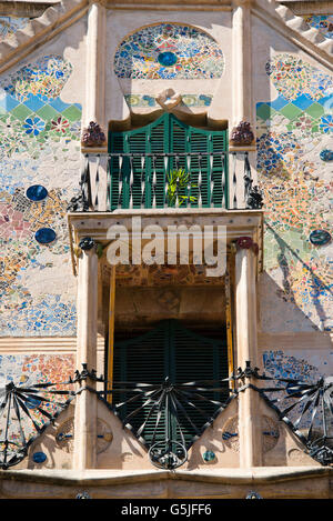 Vertical detailed view of the mosaic front of Casa Forteza Rey in Palma, Majorca. Stock Photo