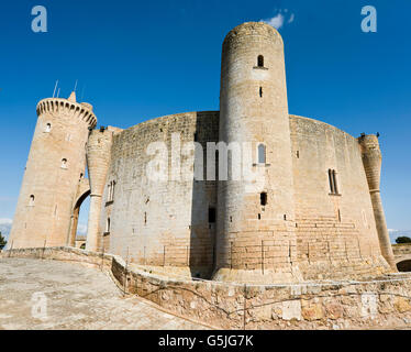 Horizontal (2 picture stitch) view of Bellver Castle in Palma, Majorca. Stock Photo