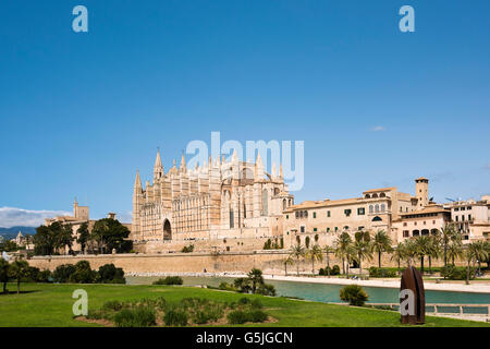 Horizontal street view of the Cathedral of Santa Maria of Palma, aka La Seu, in Majorca. Stock Photo