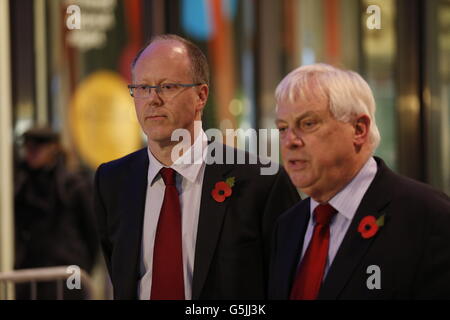 BBC director general George Entwistle (left) looks on as Chairman of the BBC Trust Lord Patten speaks to the media outside BBC Broadcasting House, London, after Mr Entwistle announced his resignation over the 'unacceptable' Newsnight broadcast which wrongly implicated a senior former Conservative in a child abuse scandal. Stock Photo