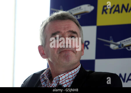 Ryanair's CEO Michael O'Leary speaks at a press conference in Central London after the low cost airline announces half year results. Stock Photo