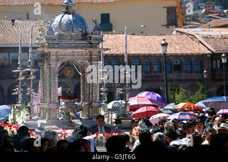 Silver Float and crowd, procession, Plaza de Armas, Corpus Christi Celebration, Cusco, Peru Stock Photo