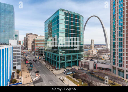 Gateway Arch between high rise buildings in downtown St. Louis, Missouri Stock Photo