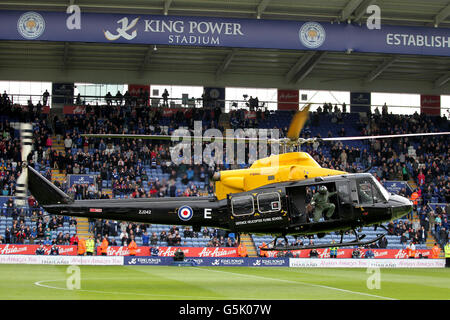 The match ball is delivered by helicopter as part of the remembrance weekend activities, before the game between Leicester City and Nottingham Forest Stock Photo