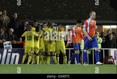 Tranmere players celebrate the goal of Joe Thompson during the FA Cup First Round match at the Amlin Stadium, Braintree.