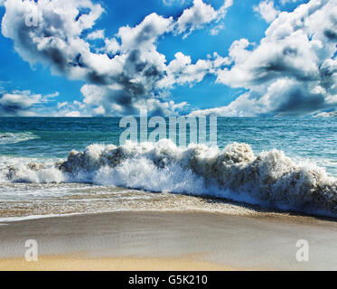 Sea and beach storm with sky and cloud storm, Wave before the tsunami Stock Photo