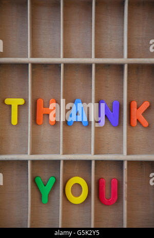 Thank you text letters in a vintage letter case Stock Photo