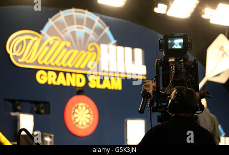 Darts - Grand Slam of Darts - Wolverhampton Civic Hall. Television camera's focus on the stage Stock Photo