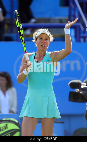 Great Britain's Johanna Konta celebrates victory against Ukraine's Lesia Tsurenko during day two of the 2016 AEGON International at Devonshire Park, Eastbourne. Stock Photo