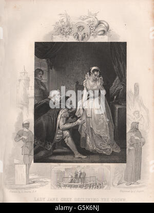 BRITISH HISTORY: Lady Jane Grey declining the crown. Inset Execution.TALLIS 1853 Stock Photo