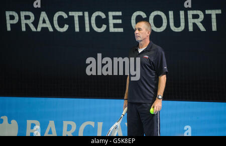 Coach Ivan Lendl watches Great Britain's Andy Murray during a practice session during the Barclays ATP World Tour Finals at the O2 Arena, London. Stock Photo