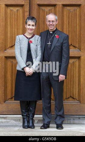 The new Archbishop of Canterbury the Right Reverend Justin Welby, the current Bishop of Durham, who has yet to officially take up his new post, with his wife Caroline, at Lambeth Palace in London. Stock Photo