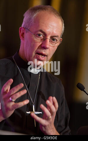 The new Archbishop of Canterbury the Right Reverend Justin Welby, the current Bishop of Durham, who has yet to officially take up his new post, addresses the media at Lambeth Palace in London. Stock Photo