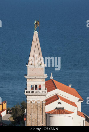 Aerial view of tower in Piran cityscape, Adriatic Sea, Slovenia Stock Photo