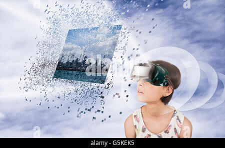 Mixed race girl watching virtual reality screen Stock Photo