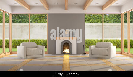 Modern living room with fireplace,two armchair and large windows - 3d rendering Stock Photo