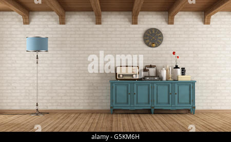 Retro living room with old radio and vintage objects on blue wooden sideboard - 3d rendering Stock Photo