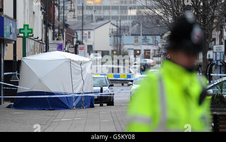 The scene in Castle Street, Edgeley, Stockport, after off-duty police officer Gareth Francis 28, was murdered last night. Stock Photo