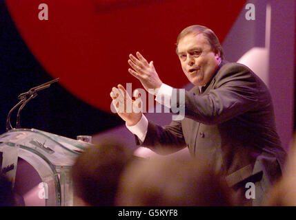 Labour Party Deputy Leader John Prescott addresses delegates on the first day of the annual party conference in Brighton. The conference took place under increased security after the recent terrorist attacks in the US. Stock Photo