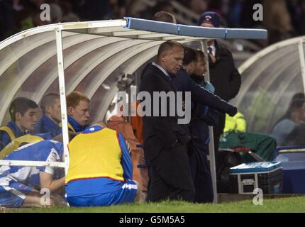 Hartlepool United's new manager John Hughes stands dejected in the dugout during the npower Football League One match at Victoria Park, Hartlepool. Stock Photo