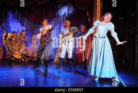 Adam Garcia as Bill/Lucentio, Kevin Brewis as Hortensio, Samuel Holmes as Gremio and Holly Dale Spencer as Lois Lane/ Bianca in the Old Vic's production of Kiss Me Kate, London. Stock Photo