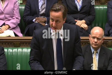 Prime Minister David Cameron makes a statement on the Eurozone crisis to the House of Commons in London. Stock Photo