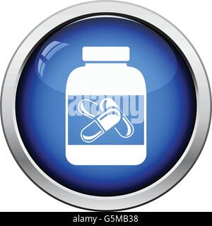 Fitness pills in container icon. Glossy button design. Vector illustration. Stock Vector