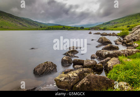 Llynnau Mymbyr lakes located in Dyffryn Mymbyr, valley running from the village of Capel Curig to the Pen-y-Gwryd Snowdonia Stock Photo