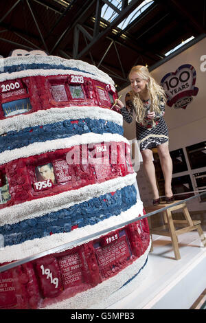 To celebrate 100 years of Belling, specialist cake maker Connie Viney adds the finishing touches to her 6ft tall cake which illustrating major events of the last decade, at the BBC Good Food Show Winter at the NEC in Birmingham. Stock Photo