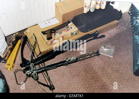 Undated collect of the arsenal of weapons used by Mark Telford to shoot two horses, issued Wednesday January 23, 2002. Plumber Mark Telford, 28, was jailed today at Newcastle Crown Court for a total of 2 years for criminal damage and firearms offences after shooting the horses with a crossbow. In March 2000 a three-year-old mare, Frisco, was found in her field with 18-inch bolts sticking out of her neck and rib cage, and Prince, a five-year-old gelding, had been shot between the eyes. Telford was described as being fascinated by weapons and was told by Judge Lancaster that he had an unhealthy Stock Photo