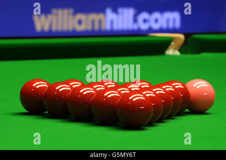 General view of snooker balls on the table during the William Hill UK Snooker Championships at York Barbican Centre, York. Stock Photo