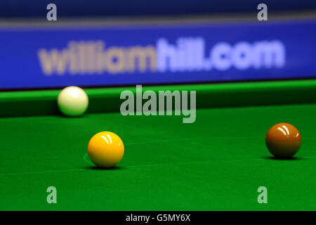 General view of snooker balls on the table during the William Hill UK Snooker Championships at York Barbican Centre, York. Stock Photo