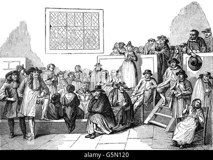 A meeting of the Religious Society of Friends, a Christian movement founded by George Fox circa 1650 and devoted to peaceful principles. Central to the Quakers' belief is the doctrine of the ‘Inner Light’, or sense of Christ's direct working in the soul which led them to reject both formal ministry and all set forms of worship. Stock Photo