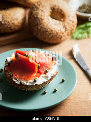 Close up of bagel with cream cheese and lox Stock Photo