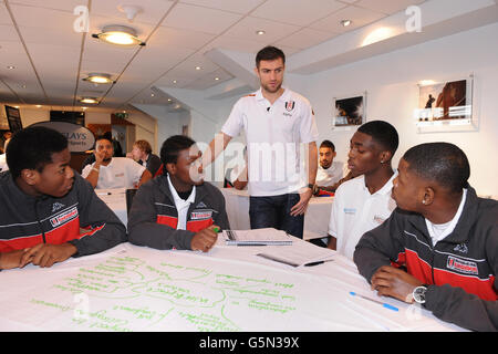 Soccer - Fulham Foundation Event - Craven Cottage. Fulham's Aaron Hughes makes an appearance at a Barclays Spaces for Sport event Stock Photo