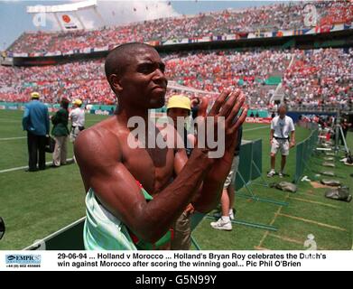 Holland's Bryan Roy celebrates the Holland's win against Morocco after scoring the winning goal Stock Photo